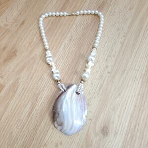 Vintage Carved Mother of Pearl Shell Pendant Necklace Beaded Boho Coastal 24in